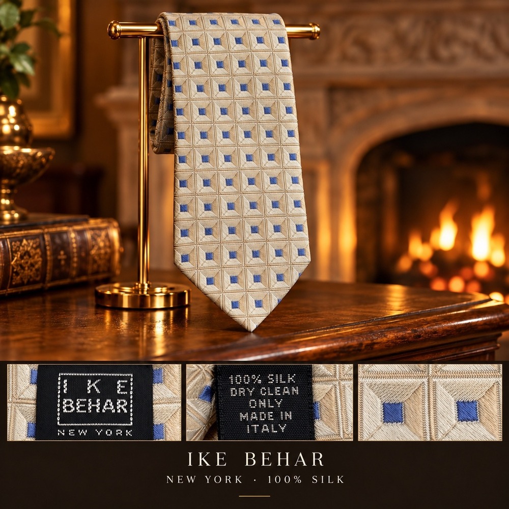 Ike Behar New York Mens Silk Tie Cream Blue Geometric Square Hand Tailored USA